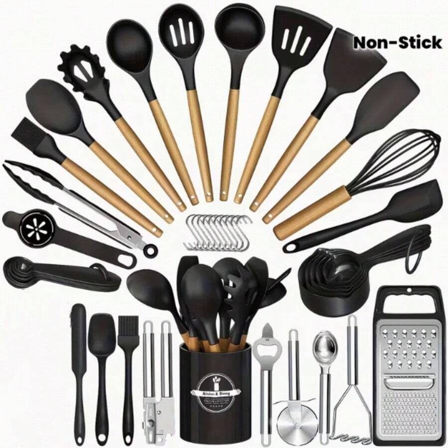 43-Piece Silicone Kitchen Utensil Set, Kitchen Utensil Set, Cooking Utensil Set, Non-Stick Cooking Utensil Set, With Wooden Handle, Kitchen Supplies, Kitchen Gadgets, Kitchen Essentials, Kitchenware Set, Ideal For Christmas. - Black - View 1