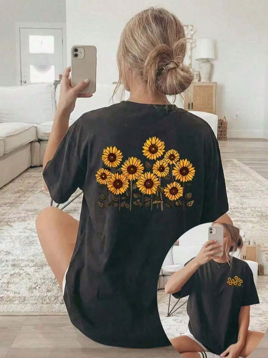 Women's Double-Sided Sunflower Print T-Shirt - Short Sleeve Crew Neck Blouse - Suitable For Casual Wear In All Seasons, Breathable Machine Washable Fabric With Sunflower Field Design, Non-Opaque Top For Layering (No Style Modification) Y2K Style Activewear, Crew Neck, 100% Cotton, Soft Fabric, Short Sleeve. - 黑色 - 查看 1