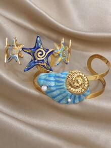 Bohe 琺瑯海星貝殼海洋金屬手鐲套組，不鏽鋼女款飾品，美人魚風，適合夏季、媽媽禮物、日常、派對、生日、情人節 - 多色2 - 查看 4