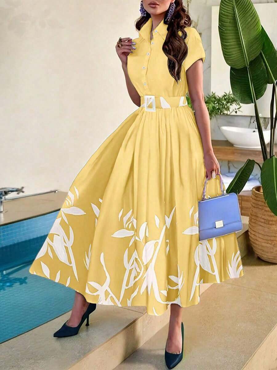 Vestido de línea A con estampado floral diminuto elegante para mujer, Keke Bloomly, de manga corta con cuello y cinturón, dobladillo con volantes lujosos, atuendo de festival, atuendo de playa para mujer en verano - Amarillo - Ver 1