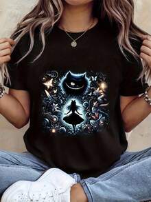 Alice In Wonderland Crescent Moon Graphic T-Shirt, Relaxed Fit Crew Neck T-Shirt For Women And Men, Birthday Costume Or Everyday Wear - 黑色 - 查看 1
