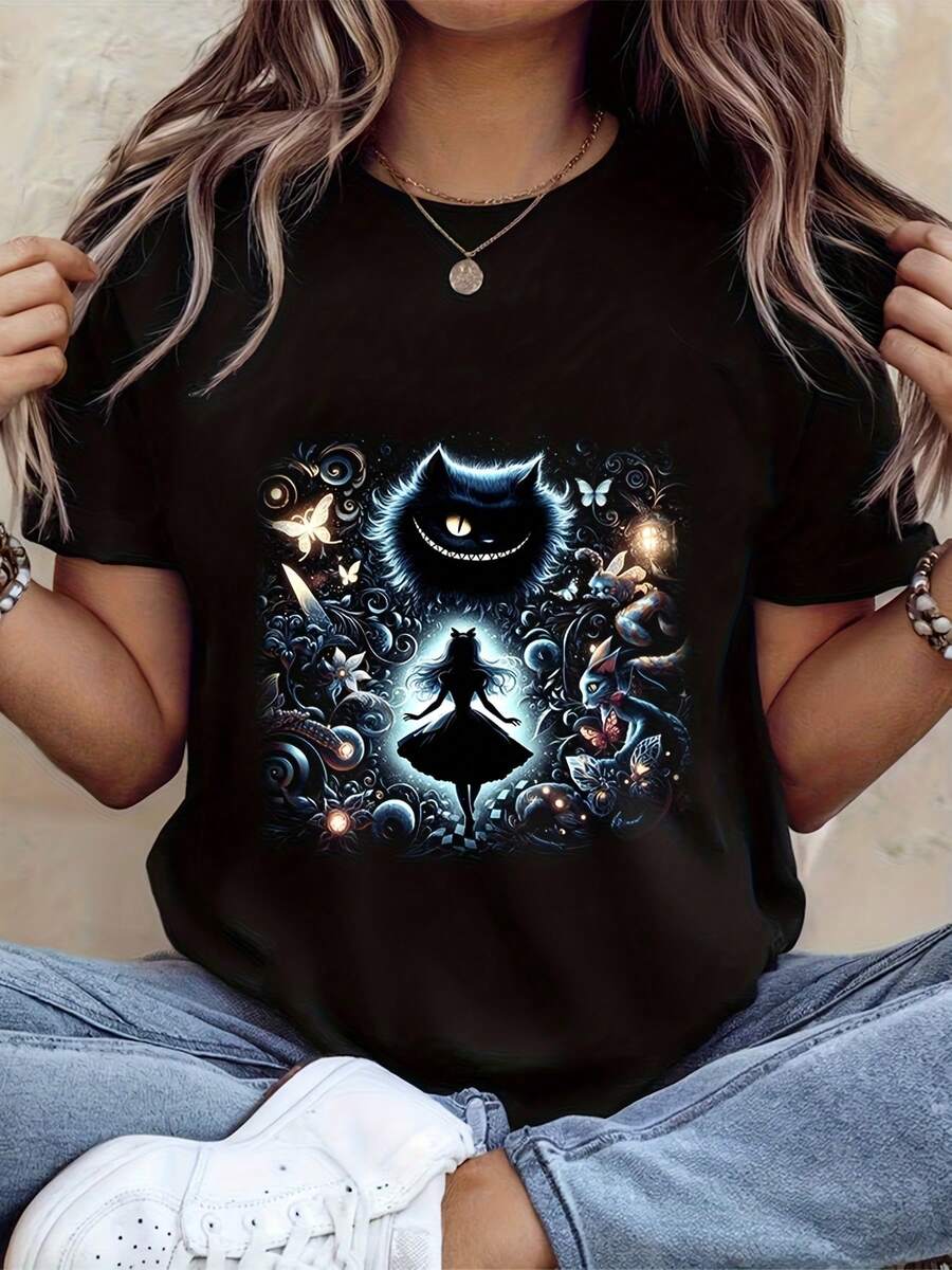 Alice In Wonderland Crescent Moon Graphic T-Shirt, Relaxed Fit Crew Neck T-Shirt For Women And Men, Birthday Costume Or Everyday Wear - 黑色 - 查看 1
