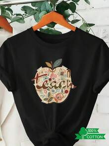 New 2026 Collection: Cotton T-Shirt With Anime Letter Print, Women's Round Neck T-Shirt With Simple Design, Comfortable And Breathable, Suitable For Casual And Versatile Daily Wear, Showing A Natural And Elegant Style, A Must-Have For Summer Parties, Local Shipping, Apple-Shaped Floral Print, Lightweight Cotton. - 杏色 - 查看 11