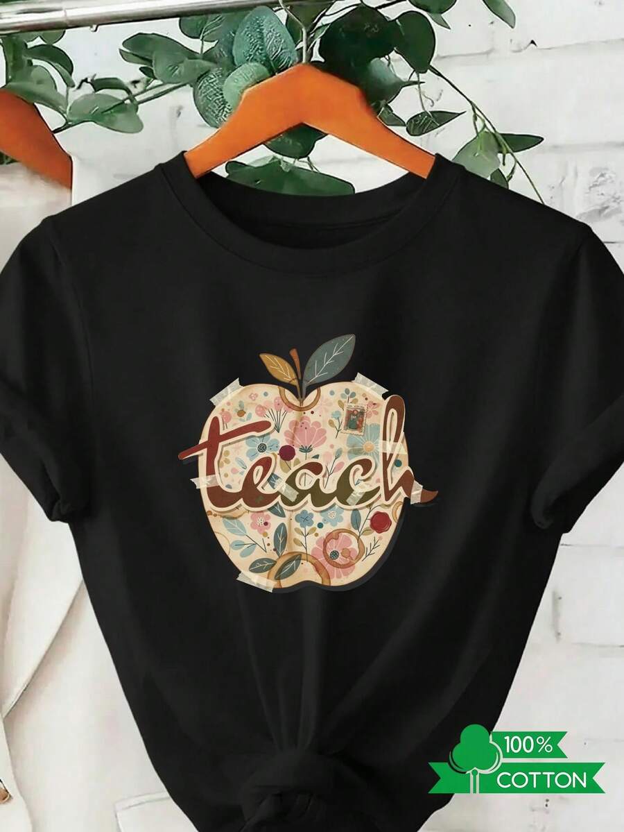 New 2026 Collection: Cotton T-Shirt With Anime Letter Print, Women's Round Neck T-Shirt With Simple Design, Comfortable And Breathable, Suitable For Casual And Versatile Daily Wear, Showing A Natural And Elegant Style, A Must-Have For Summer Parties, Local Shipping, Apple-Shaped Floral Print, Lightweight Cotton. - 黑色 - 查看 1
