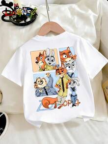 Disney Zootopia Nick Wilde Judy Hopps Four Grid Front Back Print Kids T‑Shirt, Cute Cartoon Boys Girls Short Sleeve Tee - 白色 - 查看 4