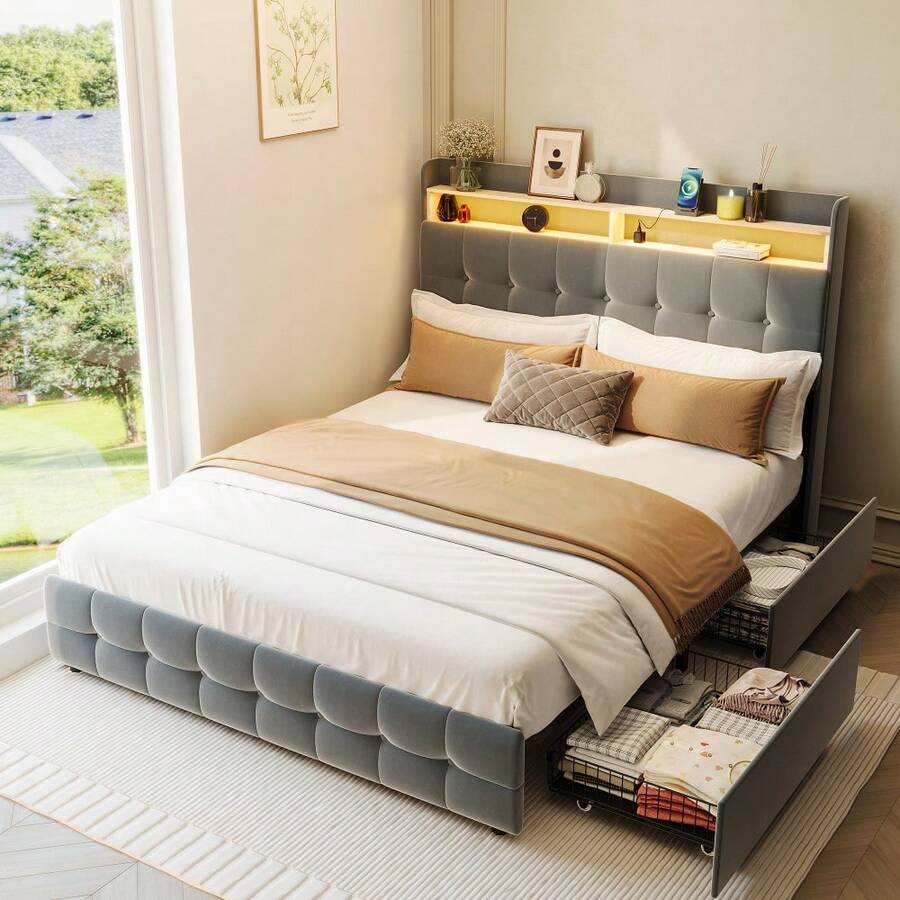 Estructura de cama doble tapizada moderna con cabecero suave de doble capa, 2 cajones de almacenamiento, iluminación LED, toma de corriente y puerto USB, somier de láminas metálicas resistentes - Gris Claro - Ver 1