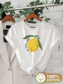 Camiseta de manga corta con cuello redondo y estampado de limón fresco y dulce para el verano - Blanco - Ver 1