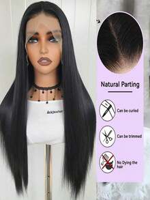 13X4 24 Straight Black Color Lace Front Wig Women - Heat Resistant Synthetic Hair, Pre-Plucked Natural Hairline And Youthful Hair, Suitable Daily Wear, Wedding, Halloween And - 黑色 - 查看 4