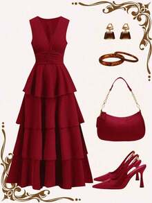 xheEllevyn Vestido de falda larga y elegante para mujer, vestido de diosa con cuello en V y cintura elástica, adecuado para banquetes y fiestas en otoño/invierno, color marrónxhe - Rojo 2 - Ver 2