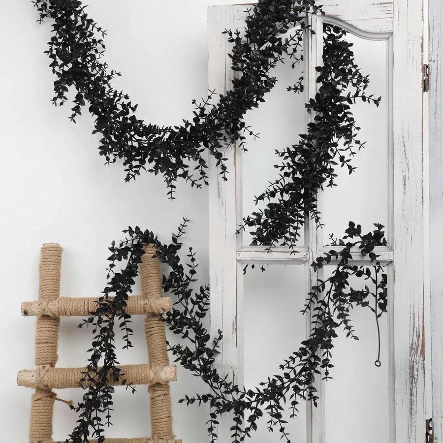 4pcs Artificial Black Eucalyptus Vine Wreath Set, Including Artificial Hanging Vines, Spring Wall Hanging Artificial Plants And Realistic Artificial Green Leaves Decor. Suitable For: Indoor Decor, Spring Decor, Wedding, Home Decor, Wall Decor, Living Room Decor, Easter Decor, Kitchen, Outdoor Artificial Plants, Indoor Artificial Plants And Fake Plants. - Black - View 1