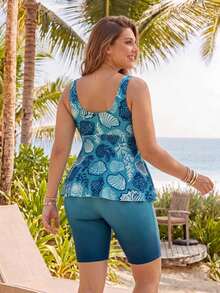 Swim Lushoire Conjunto de 2 piezas de talla grande 2026 con vestido de top con cordón y estampado de concha y short tipo bóxer en degradado para traje de baño, atuendo de playa, vestido de fiesta, ropa de playa elegante, ropa de vacaciones para mujer - Multicolor - Ver 2