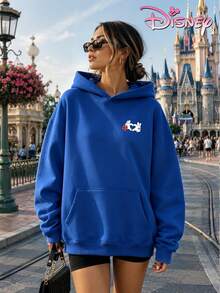 Disney Women's Loose-Fitting Hooded Sweatshirt With Castle And Mickey Mouse Family Print Design On The Front And Back. 2026 Travel-Themed Style, Casual, Comfortable, And Versatile, Suitable For Amusement Parks And Outings. - Màu xanh lam - Xem 2