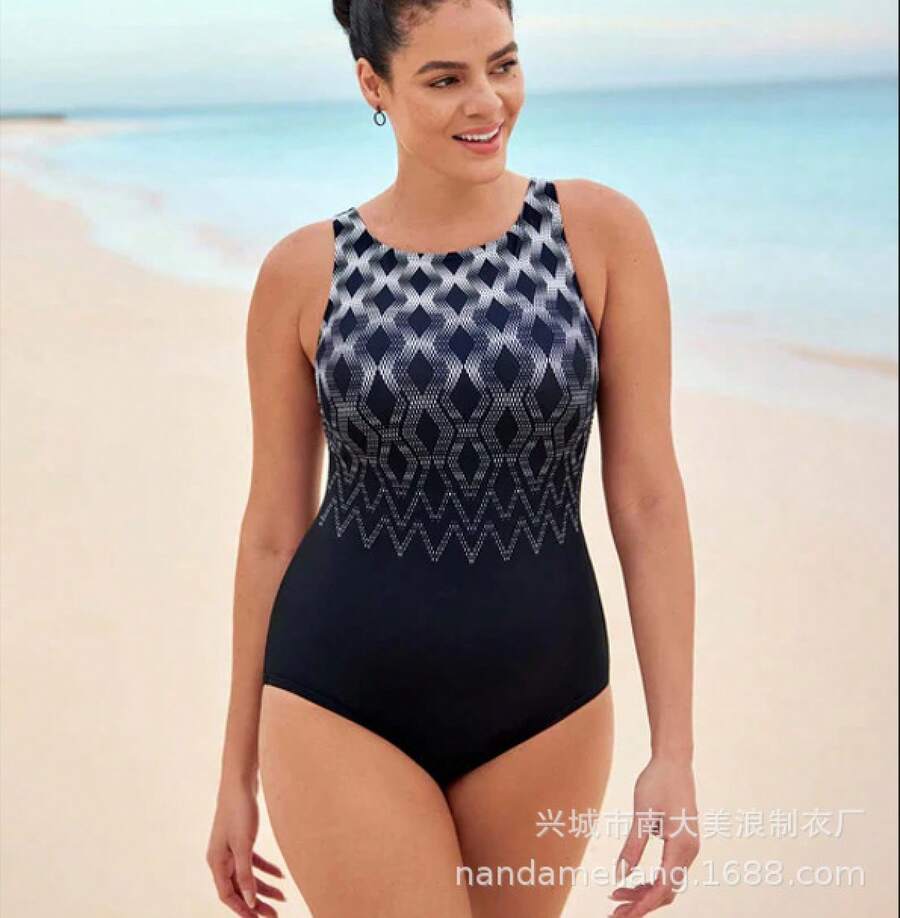 Women's Plus Size Printed One-Piece Swimsuit - 波浪加菱形塊 - 查看 1