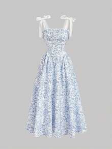 xheSHEIN MOD Vestido largo con estampado floral y tirantes con lazo para mujer, ideal para primavera, graduación, vestidos modestos para mujer, vestidos para vacaciones de primaveraxhe - azul real - Ver 5