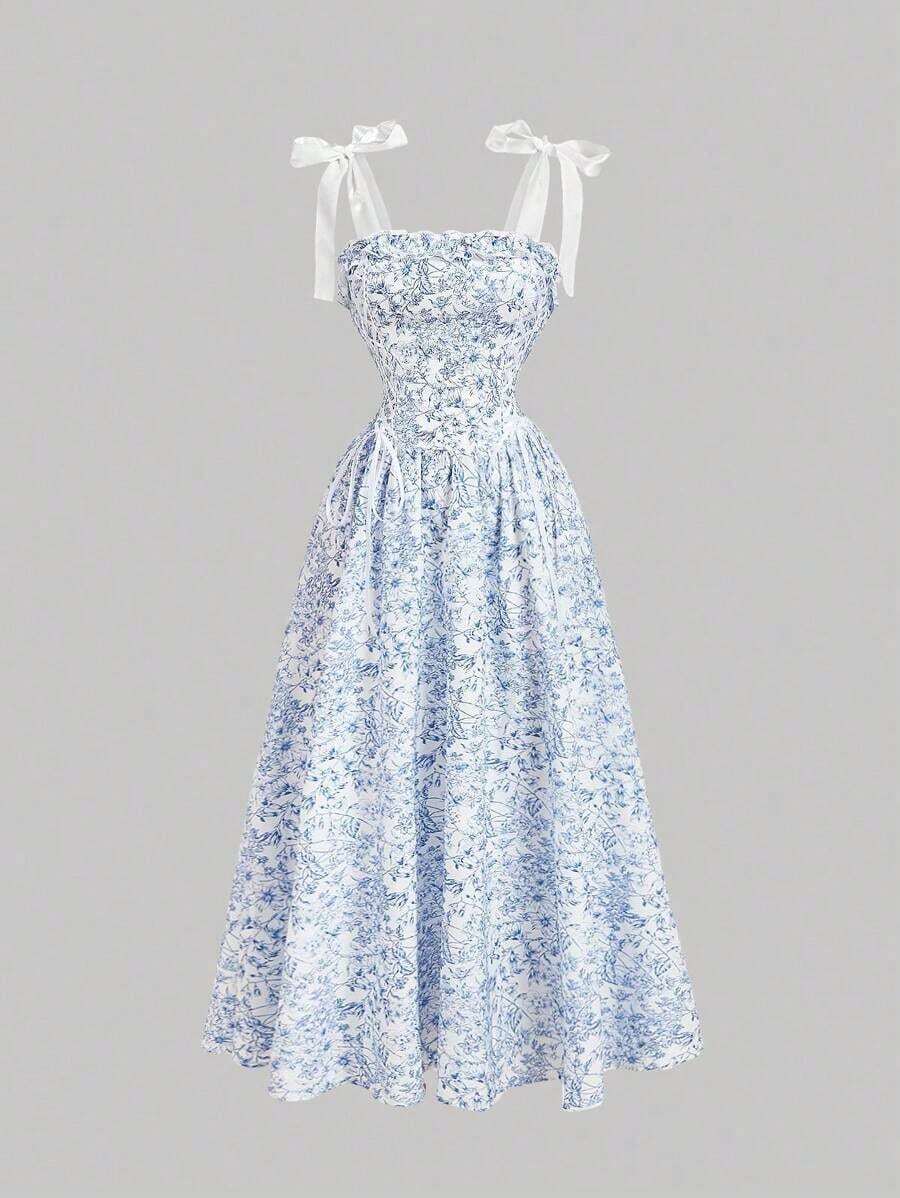 Vestido largo con estampado floral azul, romántico y soñador, con lazo - para deé en el jardín, cita,, vestido de verano y primavera para mujer, ropa de playa, - azul real - Ver 1