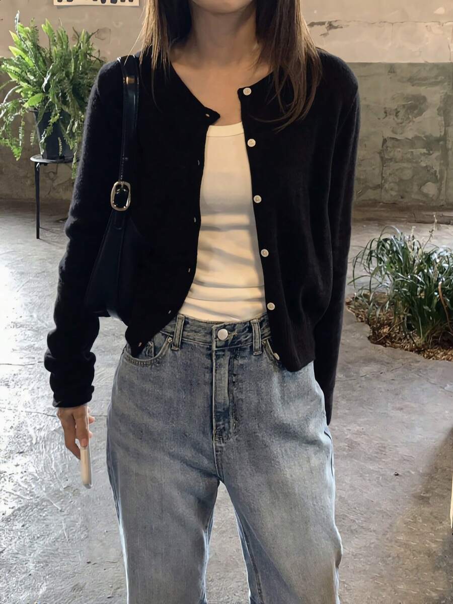 1pc Solid Color Knit Front Button Cardigan, Lightweight For Spring And Summer Daily Wear Black, Chic & Elegant - Black - View 1