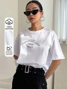 Off-The-Shoulder T-Shirt With Letter Print - White - View 1
