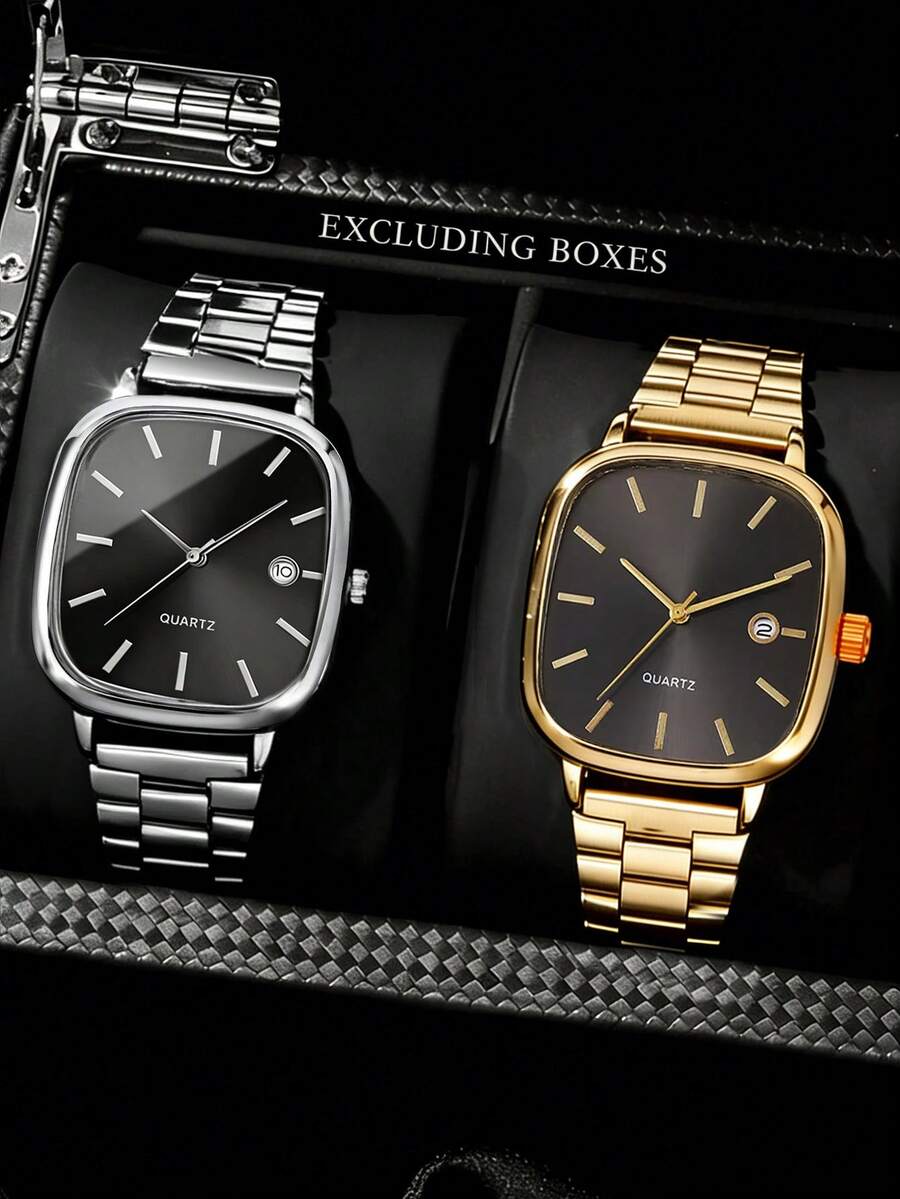 2pcs Luxury Quartz Men's Watch Set, Including Silver/Gold Tone Square Stainless Steel Strap Version With Black Dial, Minimalist Bar Markers And Date Window, Exuding Premium Quality. The Watch Features Durable Metal Strap For Comfortable Wear.