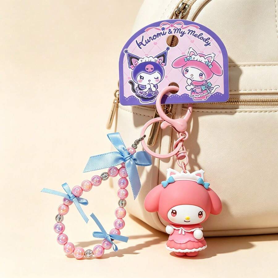 Miniso 名创优品可爱库洛米和美乐蒂挂件钥匙扣,饰有彩色珠子和丝带,非常适合挂在背包、手提包或钥匙上,趣味动漫装饰,多种款式可选 - 樣式 1 - 查看 1