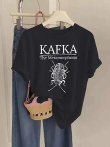 Kafka's Metamorphosis Printed T-Shirt, Women's Casual Short-Sleeved T-Shirt, With A Minimalist And Elegant Design That Goes Well With Various Outfits, Suitable For Spring, Summer And Autumn, Machine Washable And Comfortable Fit - 黑色 - 查看 1