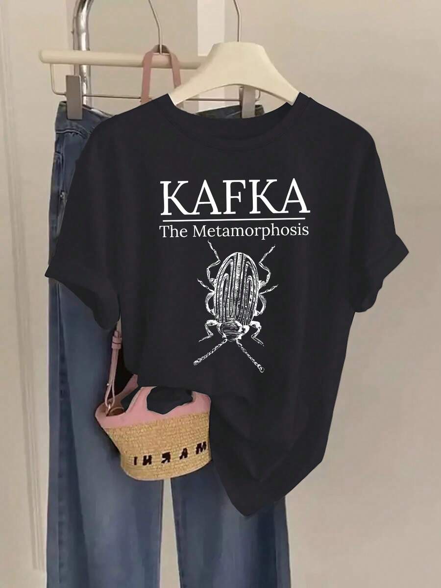 Kafka's Metamorphosis Printed T-Shirt, Women's Casual Short-Sleeved T-Shirt, With A Minimalist And Elegant Design That Goes Well With Various Outfits, Suitable For Spring, Summer And Autumn, Machine Washable And Comfortable Fit - 黑色 - 查看 1