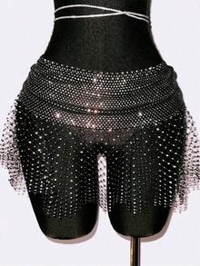 Minifalda sexy para mujer, con incrustaciones de red de pescar y brillantes, adecuada para ocasiones de fiesta - Negro - Ver 7