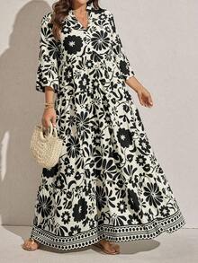 Comfylo Vestido casual con estampado floral, cuello en V y mangas acampanadas para mujer talla grande - Negro - Ver 7