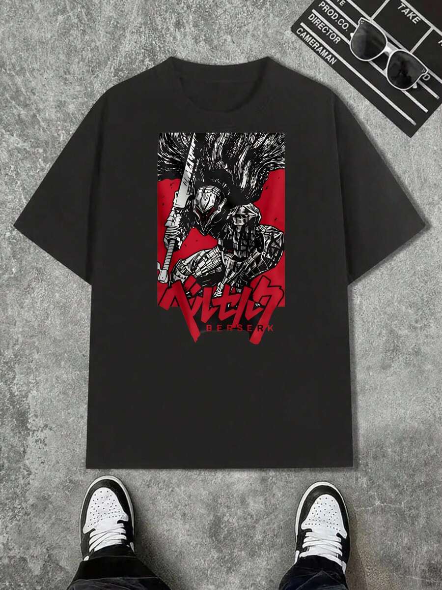 Herren-Grafik-T-Shirt - Kräftiges Rot & Print-Shirt, Leichter Atmungsaktiver Stoff für Fitness, Laufen, Angeln, Alltagskleidung - Rundhals-Kurzarmshirt für Sport- und Freizeitkleidung - Ideal für -Fans, Fitness-Shirts, Outdoor-Aktivitäten - Schwarz - Übersicht 1