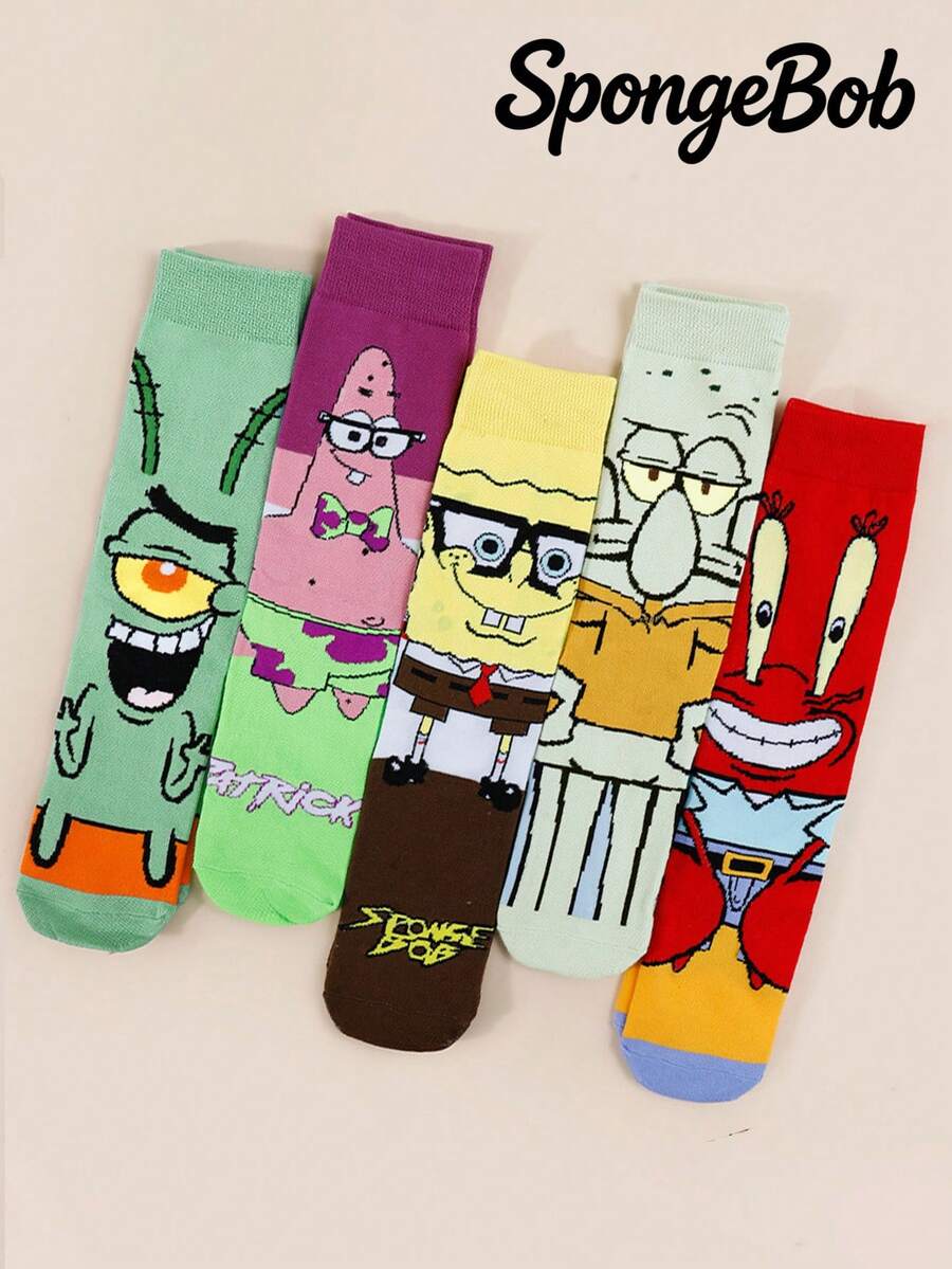 SpongeBob SquarePants 5雙隨機款 SquarePants 卡通中筒襪,適合街頭風與休閒穿搭,可愛校服與日常穿著 - 彩色 - 查看 1
