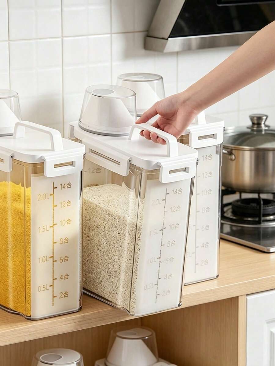 1pc/2pcs Airtight Kitchen Dry Food Storage Canister, Rice Bucket Grain Container, Thick Transparent Plastic Food Storage Box With Pouring Spout, Refrigerator Decor, Suitable For Grains/Beans/Flour/Snacks/Pasta Etc., Kitchen Accessories, Meal Prep, Kitchenware, Home Decor