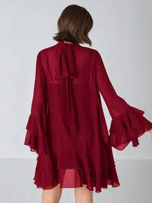 Vestido línea A de unicolor elegante con mangas volantes para mujeres - Burdeos - Ver 2