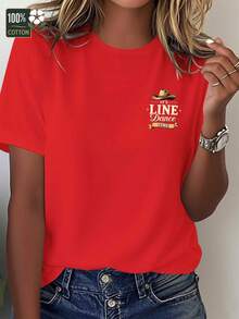 Women's Pure Cotton T-Shirt - Comfortable Style For Line Dancing And Casual Wear - Printed With Line Dancing Motifs, Casual Round Neck Top, Machine Washable Dance Themed Clothing For All Seasons. - 紅色 - 查看 1