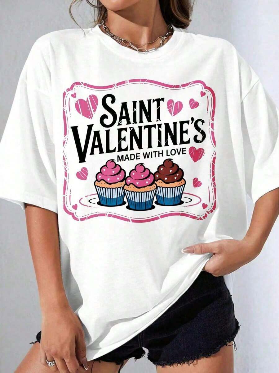 Black And White T-Shirt For Girls, Valentine's Day T-Shirt With White Cupcake And Heart Print, Made With Love Design For Valentine's Day Celebration, Outdoor Party, Casual Printed T-Shirt - 白色 - 查看 1