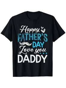 Men's 100% Cotton T-Shirt For Father's Day | Casual Short Sleeve Crew Neck T-Shirt, Soft And Breathable, With "Happy Father's Day" And "Birthday" Print In Turquoise And White, With Mustache And Hearts, Ideal Gift For Dad, Grandad, Birthday And Father's Day (Sizes S-XL) - 黑色 - 查看 6