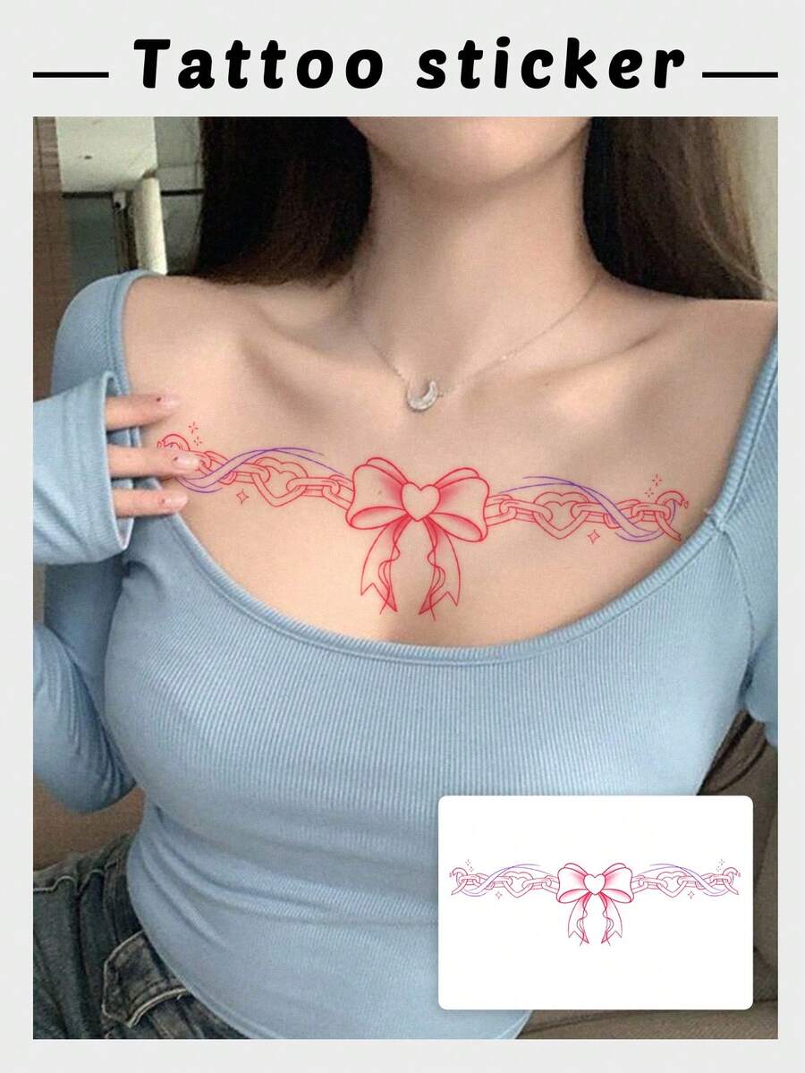 1张纹身贴纸,粉紫色渐变心形链条蝴蝶结横向纯爱腰部花朵纹身图案,临时纹身贴纸,可水洗PVC材质,一次性使用,防水防汗,适用于手掌、手臂、腰部、腹部、背部、腿部,不反光,逼真纹身设计,适合旅行、音乐节、游戏、毕业礼物、日常使用,可持续3-5天 - 彩色 - 查看 1