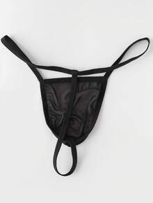 Men's Black Sexy Mesh Letter Print Ring Breathable Comfortable Daily Semi-Sheer Pouch Thong Underwear - Black - View 3