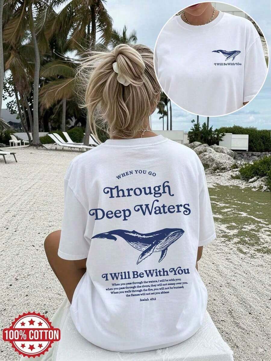 When You Go Through Deep Waters Whale Print 100% Cotton Crew Neck Casual Tee, Women's Christian Faith Short Sleeve T-Shirt Y2K Style Activewear, Crew Neck, 100% Cotton, Soft Fabric, Short Sleeve. - 白色 - 查看 1
