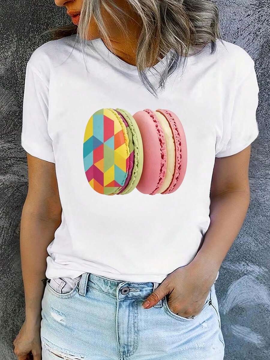 1 Piece Of Women's Summer T-Shirt, Short Sleeve And Printed, Modern And Casual, Machine Washable, Comfortable Fit, 2D Flat Print, 180g, 100% Cotton. - 白色_06 - 查看 1