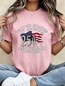 Women 250th Anniversary American Flag Tee, 1776-2026 250 Years Independence 4th Of July Casual Crew Neck Short Sleeve Graphic T Shirt - 粉色 - 查看 8
