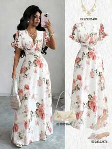 Vestido de mujer con estampado floral, cuello en V profundo, manga corta fruncida - Multicolor - Ver 1