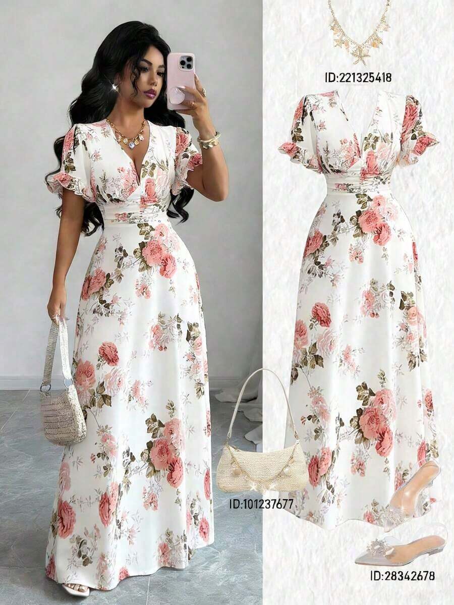 Vestido de mujer con estampado floral, cuello en V profundo, manga corta fruncida - Multicolor - Ver 1
