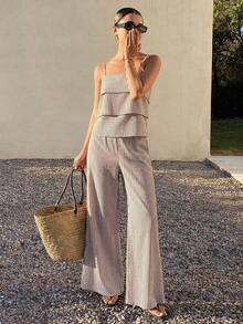 Conjunto de 2 piezas de top con tirantes finos y volantes y pantalones casuales, conjunto de ropa de descanso para mujer para vacaciones de verano - Blanco - Ver 2
