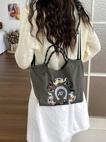 1pc Equestrian Embroidery + Knotted Strap Design Lightweight Nylon Tote Bag, Spacious, Versatile, Detachable Strap, Suitable For All Seasons - Multicolor - View 12
