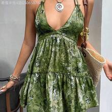 Fengyu Women's Clothing Store  Vestido casual de mujer para vacaciones y uso diario con estampado digital retro de paisley, sin espalda, con tirantes de lazo, primavera/verano - Verde Oscuro - Ver 7