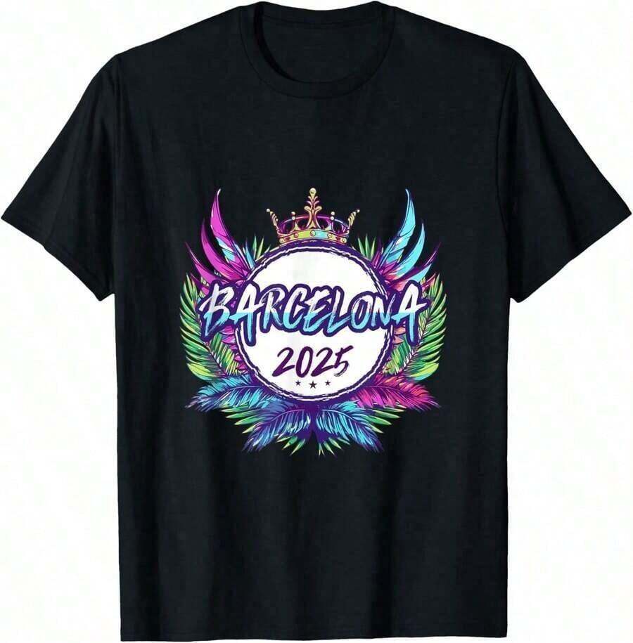 Men's Graphic Tees, Men's Barcelona 2026 Graphic Tees, Colorful Festive Slogan T-Shirt, Summer Clothing Style, Father's Day, Graduation, Independence Day, For Men, Summer Clothing Style, Father's Day, Graduation, Independence Day, For Men - Noir 7 - 查看 1