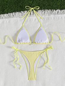 Bộ bikini màu vàng thanh lịch dành cho nữ, gồm áo hở lưng buộc dây với họa tiết hoa và quần buộc dây bên hông có thể điều chỉnh. - Vàng nhạt - Xem 3