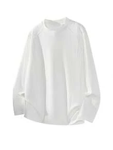 1pc Men's Crew Neck Patchwork Long Sleeve Sweatshirt, Comfortable Soft Lightweight Fabric, Korean Style Solid Color Ribbed Top, Minimalist Versatile Base Layer, Daily Commute Campus Street Casual - White - View 4