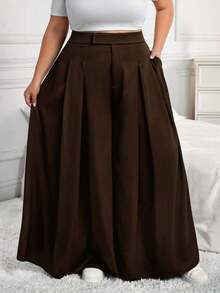 CURVE+ Pantalones sueltos y plisados para mujer de talla grande, primavera/verano - Marrón - Ver 3