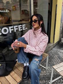 Blogger New Autumn Women's Polka Dot Print Drawstring Dropped Shoulder Loose Style Jacket Pink - Pink - View 6