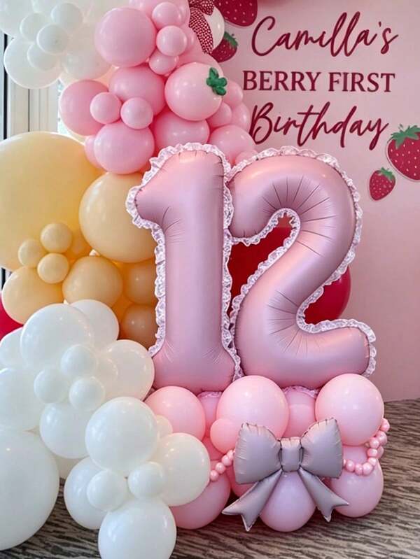 27pcs/Set New Lace Trim Pink Number Foil Balloons, Includes Ribbons, Birthday Theme Party Decor, 0-9 Numbers Available, Suitable For Adult Gifts, Birthday Parties, Holidays, Valentine's Day, Weddings, Room Decor, Pool Parties, Hawaiian Parties